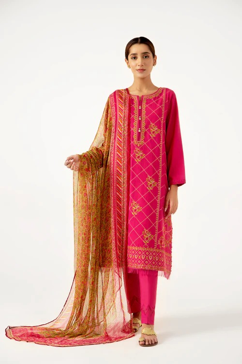 Stitched 3 Piece Dyed Doria Lawn with Chiffon Suit
